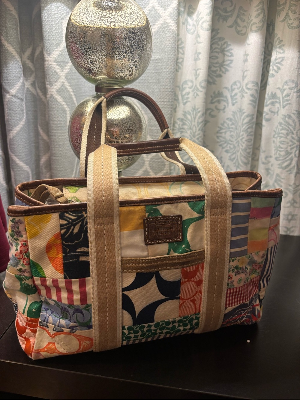 Coach Multicolor Patchwork Canvas Tote with Beige Trim and Brown Accents